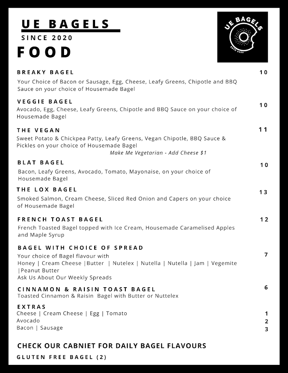 Menu, UE Bagels - Varsity Lakes
