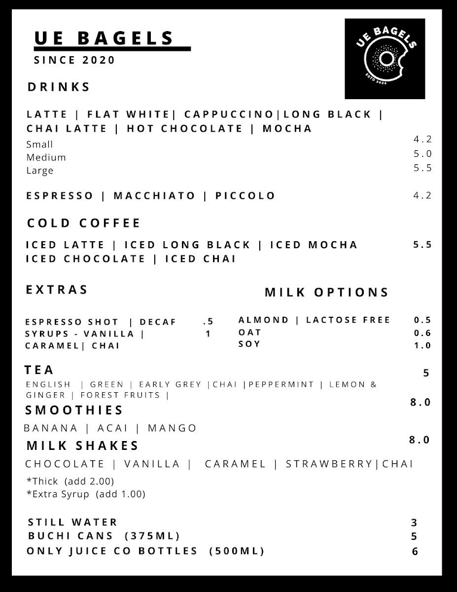 Menu, UE Bagels - Varsity Lakes