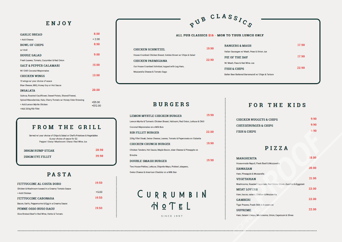 Menu, Currumbin Hotel