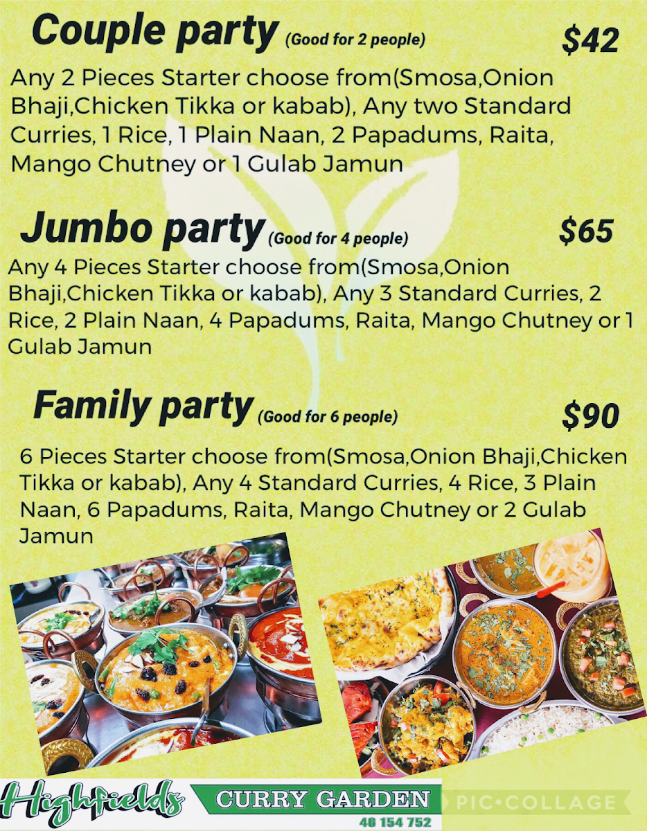 Menu, Highfields Curry Garden