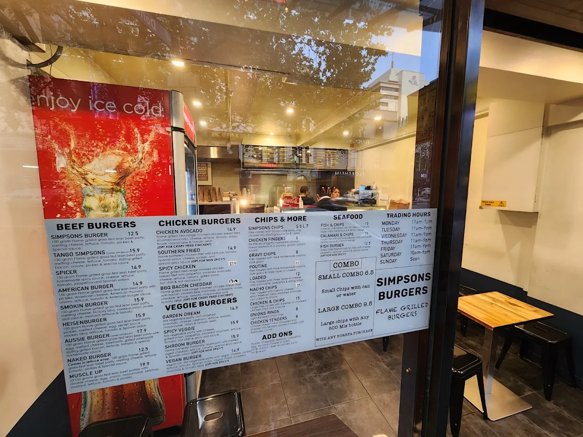 Menu, SIMPSONS BURGERS (MELBOURNE)