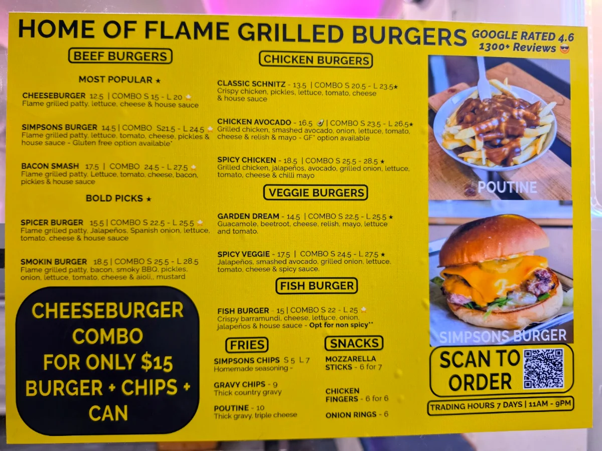 Menu, SIMPSONS BURGERS (MELBOURNE)