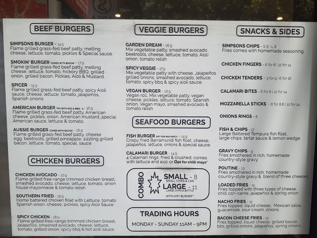 Menu, SIMPSONS BURGERS (MELBOURNE)