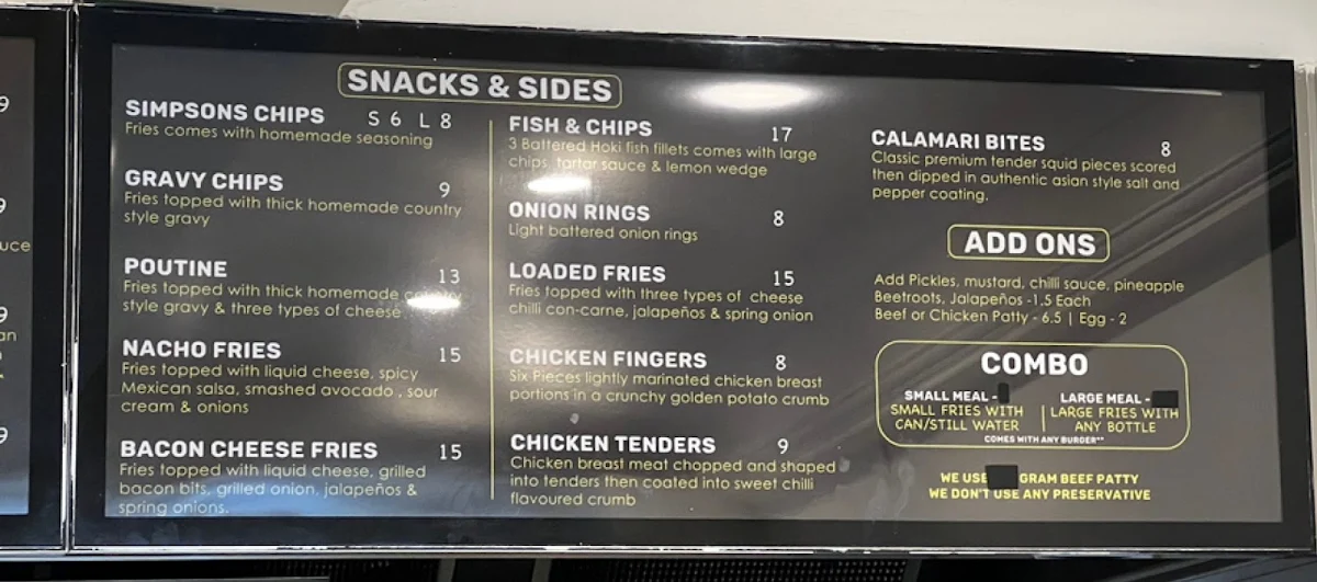 Menu, SIMPSONS BURGERS (MELBOURNE)