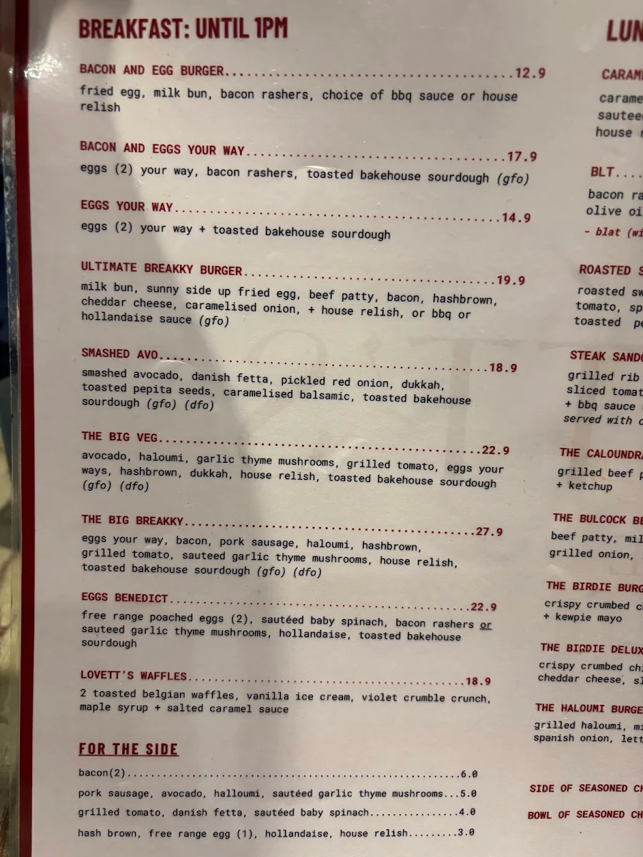 Menu, Lovett's Place