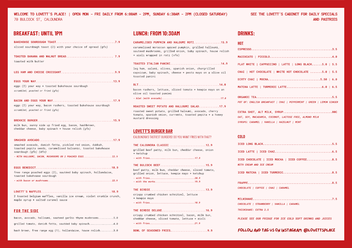 Menu, Lovett's Place