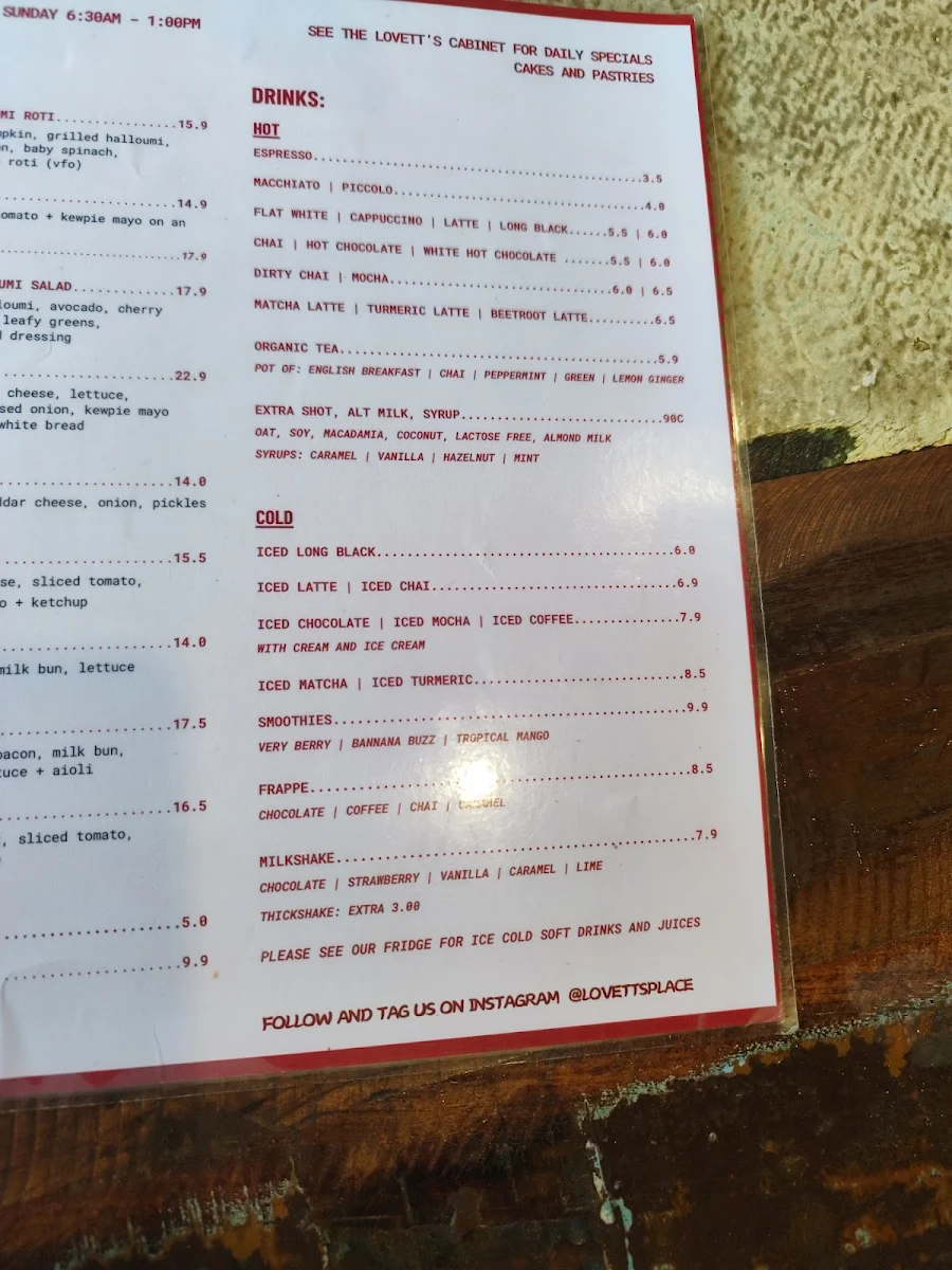 Menu, Lovett's Place