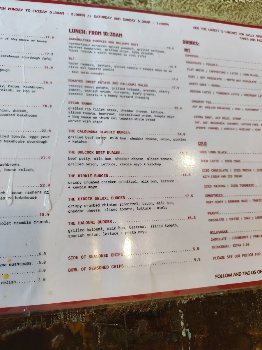 Menu, Lovett's Place