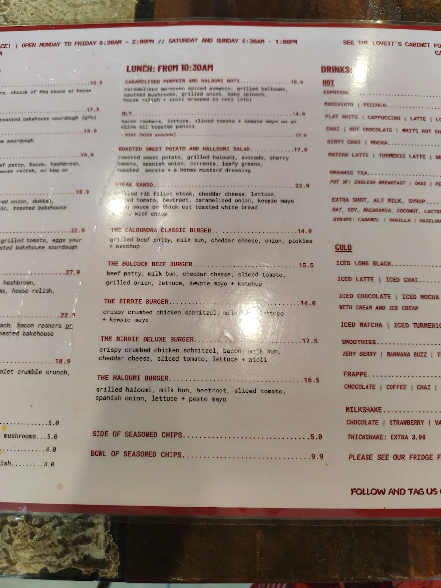 Menu, Lovett's Place