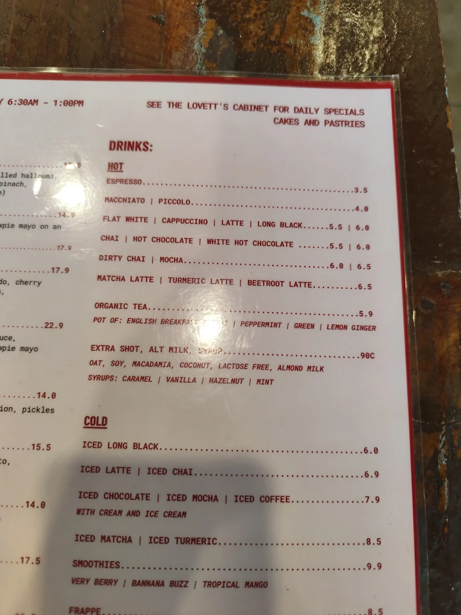 Menu, Lovett's Place