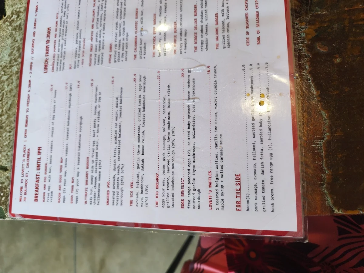 Menu, Lovett's Place