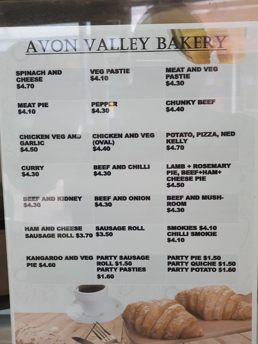 Menu, Avon Valley Bakery