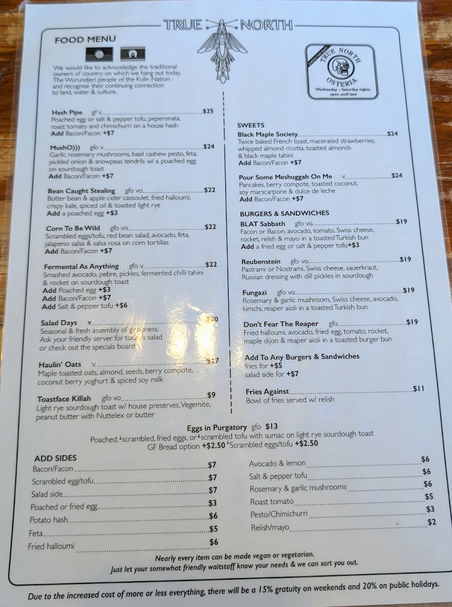 Menu, True North