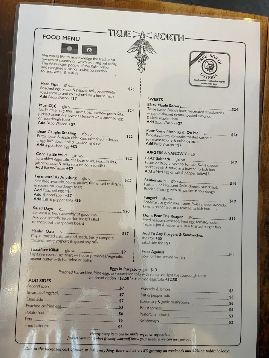 Menu, True North