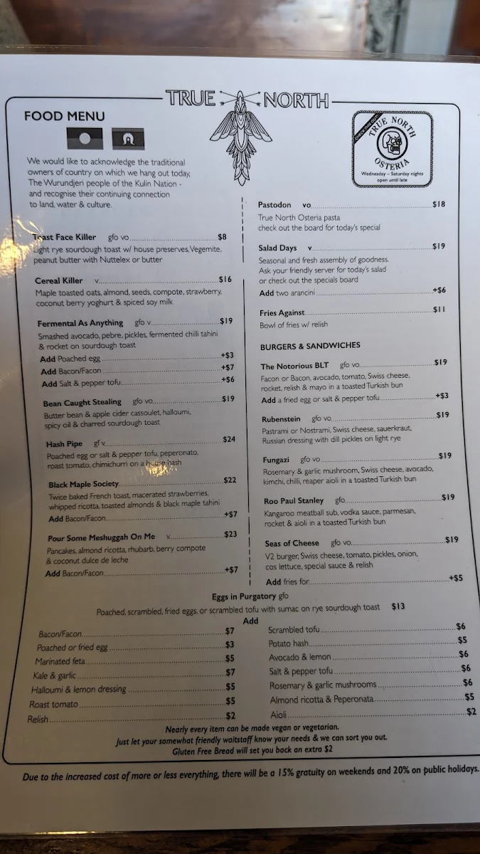 Menu, True North
