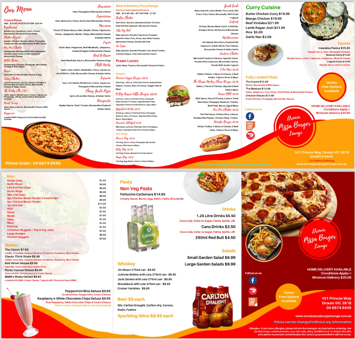 Menu, Drouin PizzaBurger Lounge