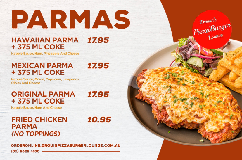 Menu, Drouin PizzaBurger Lounge
