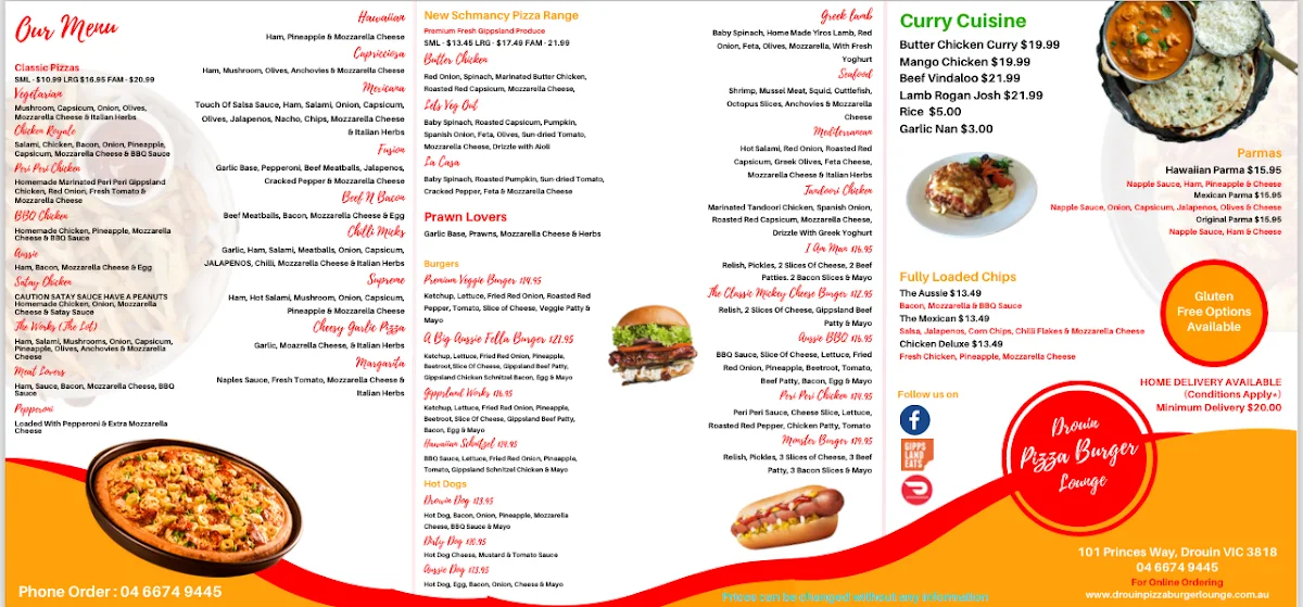 Menu, Drouin PizzaBurger Lounge