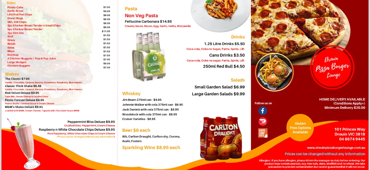 Menu, Drouin PizzaBurger Lounge