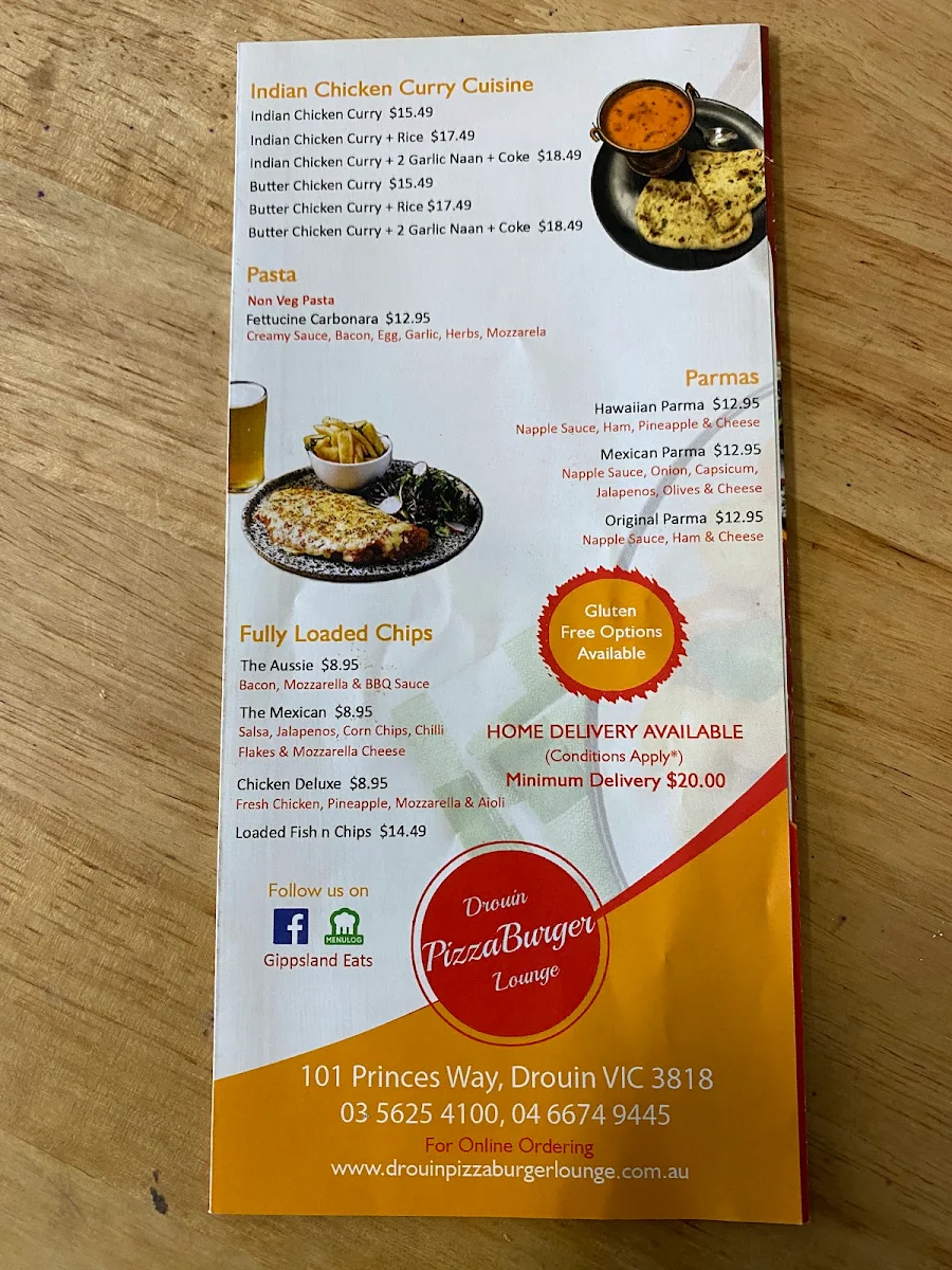 Menu, Drouin PizzaBurger Lounge