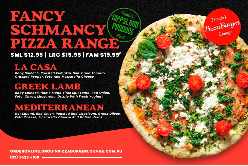 Menu, Drouin PizzaBurger Lounge