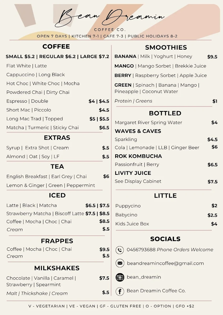 Menu, Bean Dreamin Coffee Co