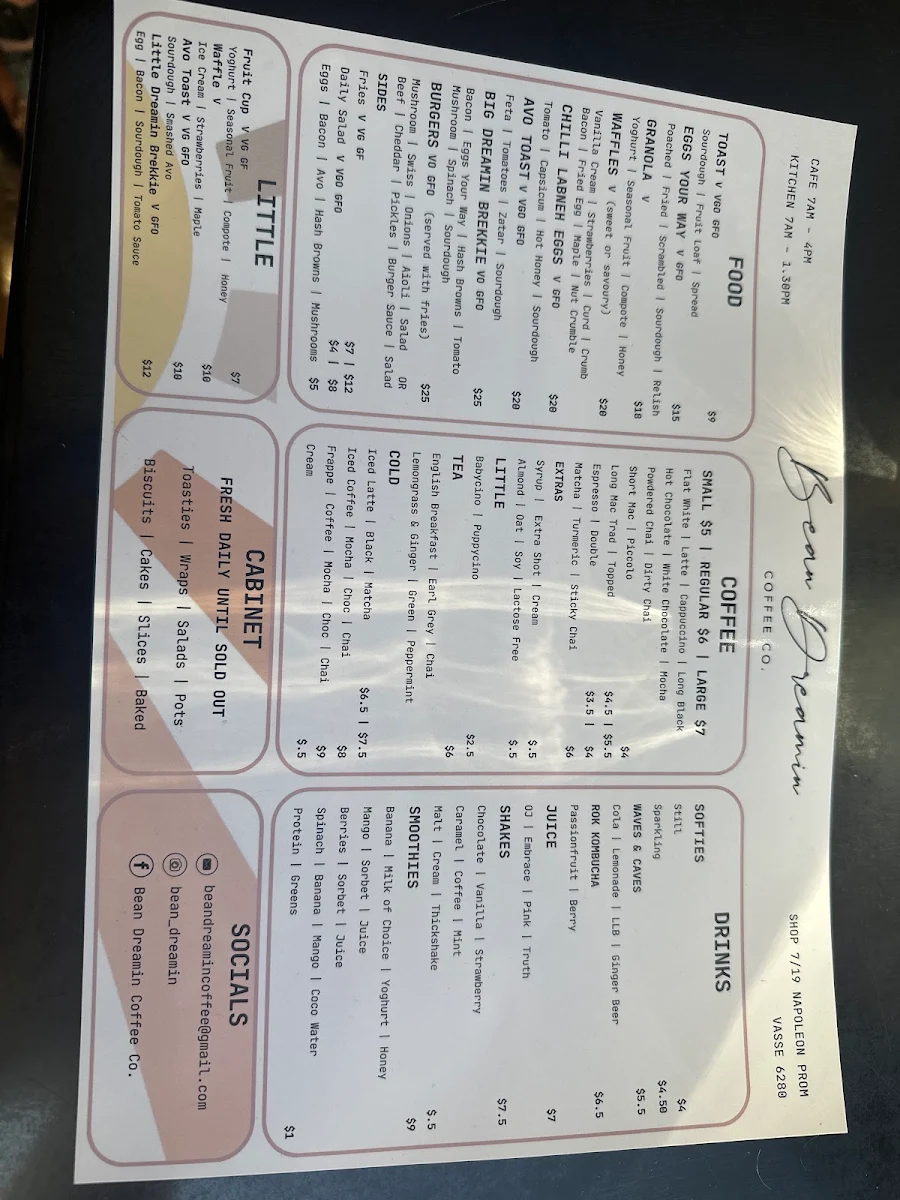 Menu, Bean Dreamin Coffee Co