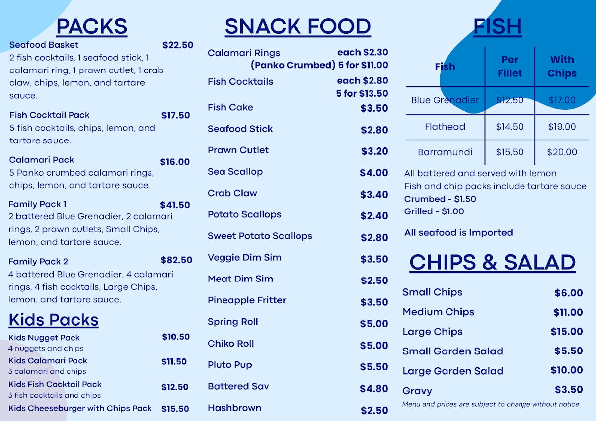 Menu, Ocean Breeze Takeaway