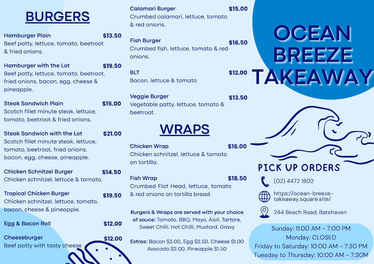 Menu, Ocean Breeze Takeaway