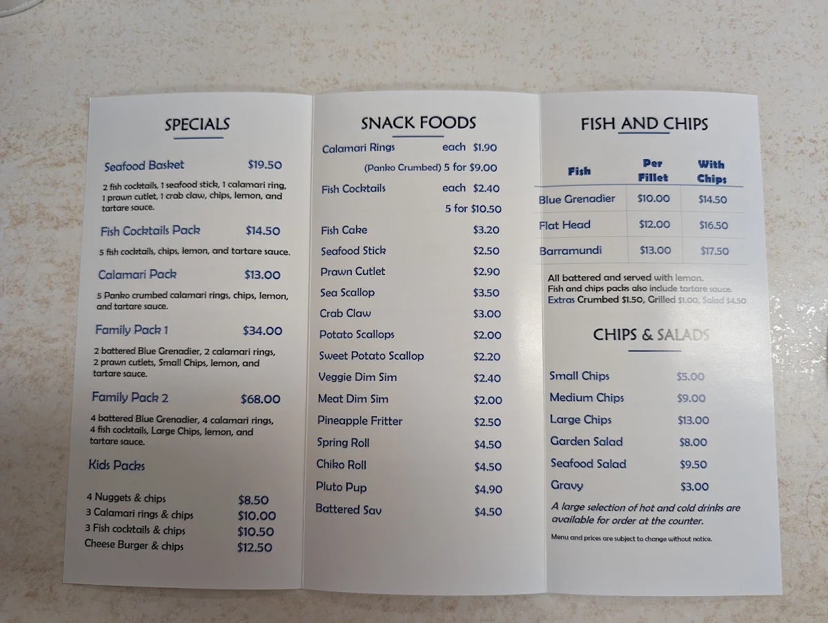 Menu, Ocean Breeze Takeaway