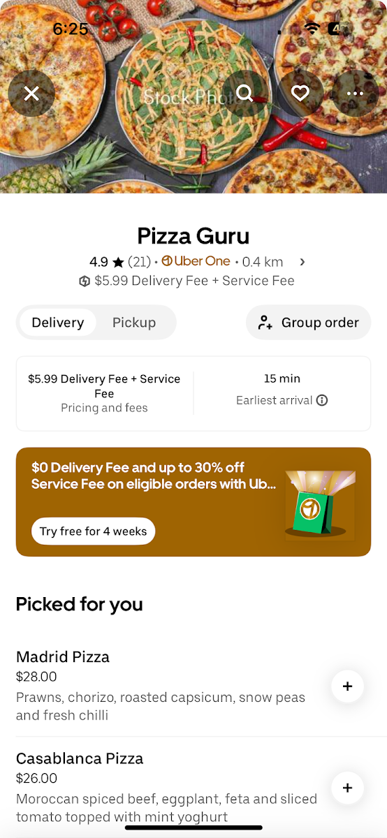 Menu, Pizza Guru
