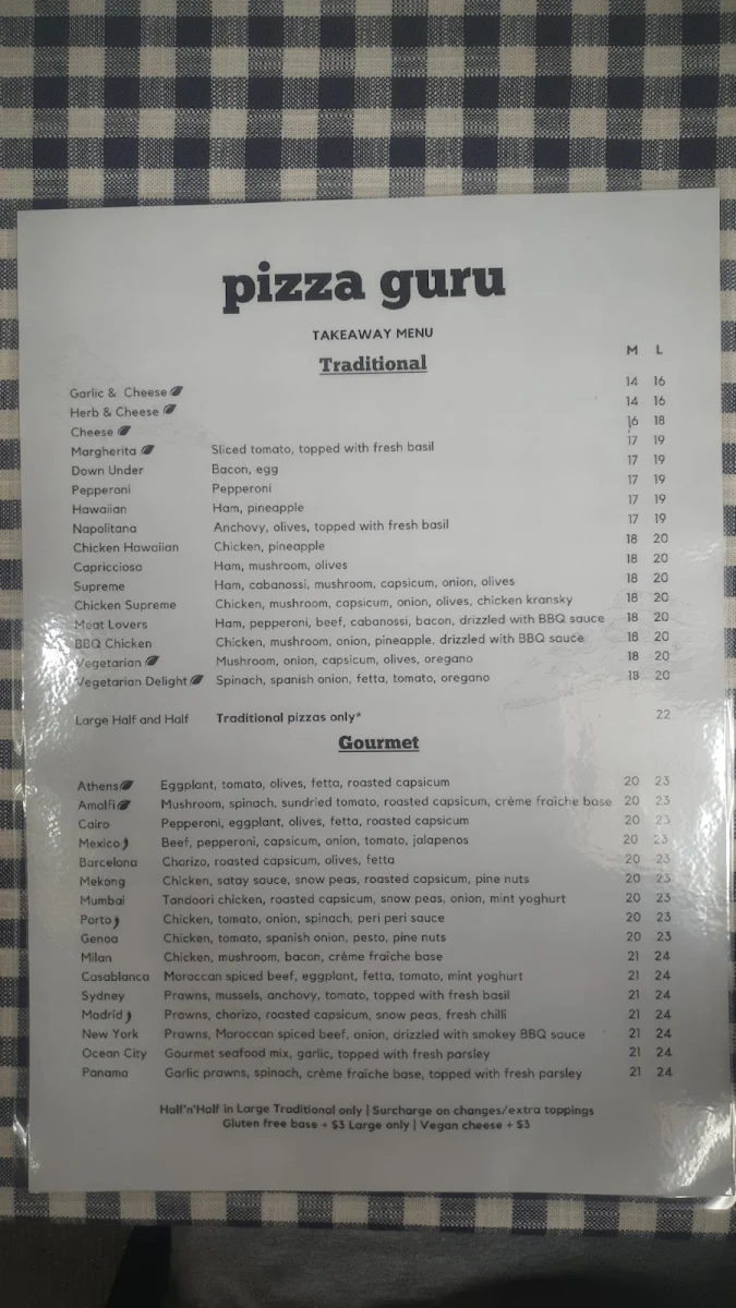 Menu, Pizza Guru