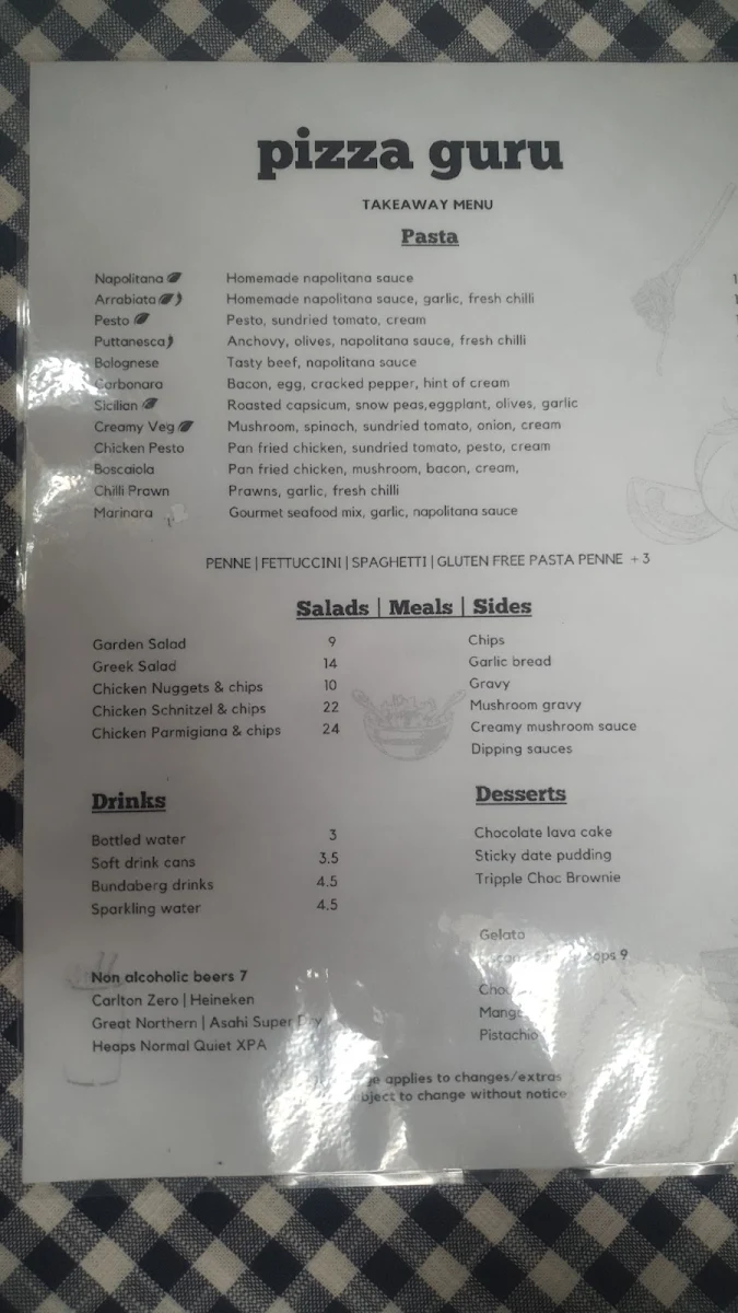 Menu, Pizza Guru