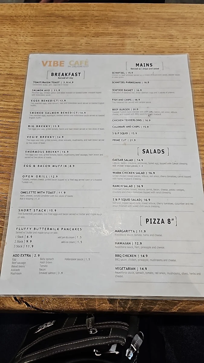Menu, Vibe Cafe