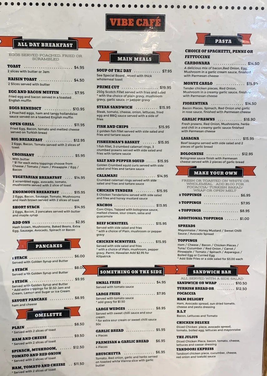 Menu, Vibe Cafe