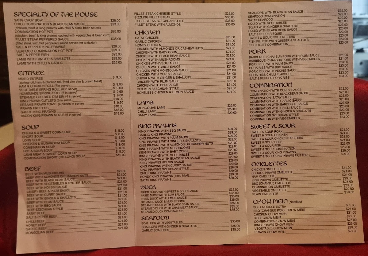 Menu, Ocean Palace Licensed Chinese Restaurant