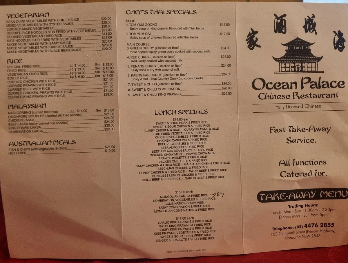 Menu, Ocean Palace Licensed Chinese Restaurant