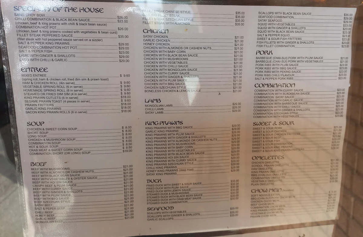 Menu, Ocean Palace Licensed Chinese Restaurant