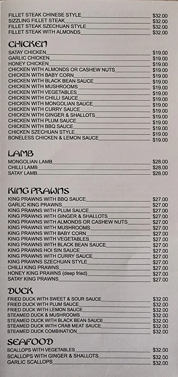 Menu, Ocean Palace Licensed Chinese Restaurant
