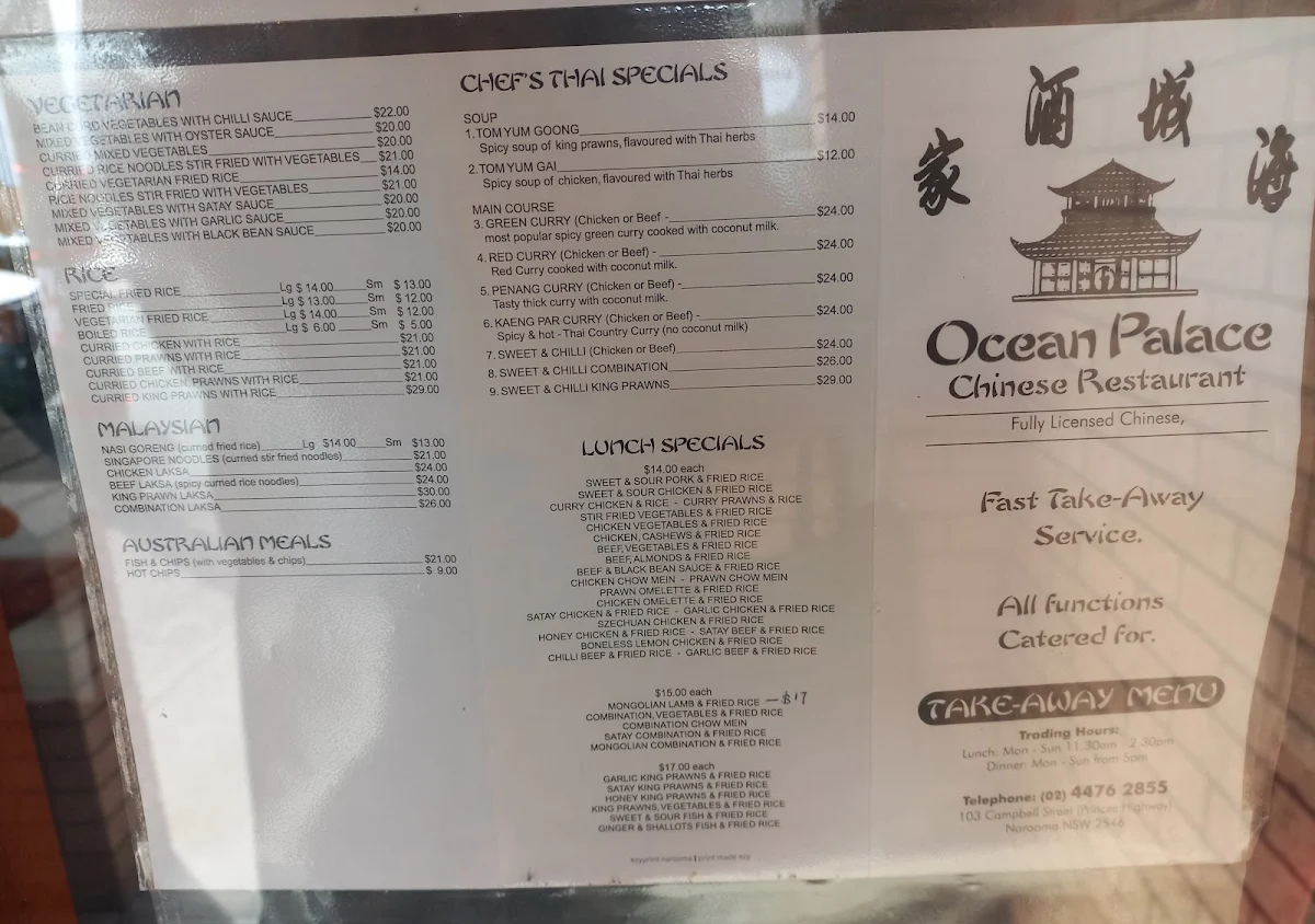 Menu, Ocean Palace Licensed Chinese Restaurant
