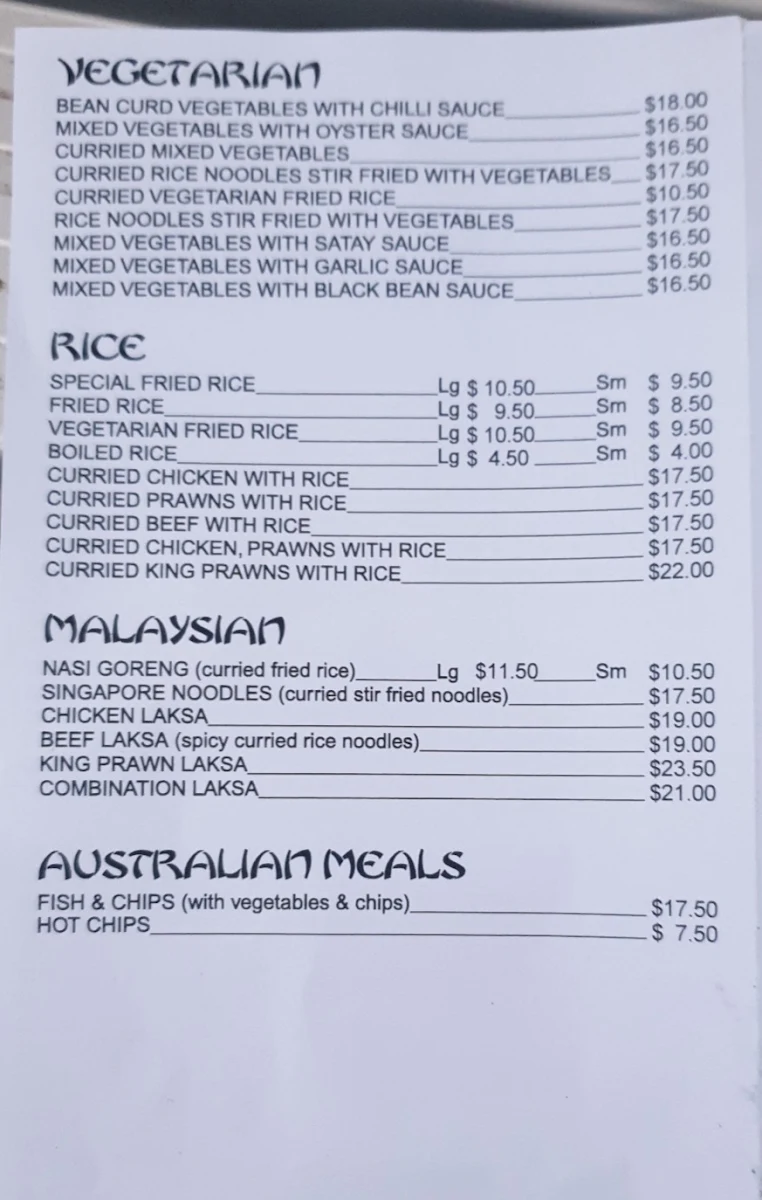 Menu, Ocean Palace Licensed Chinese Restaurant