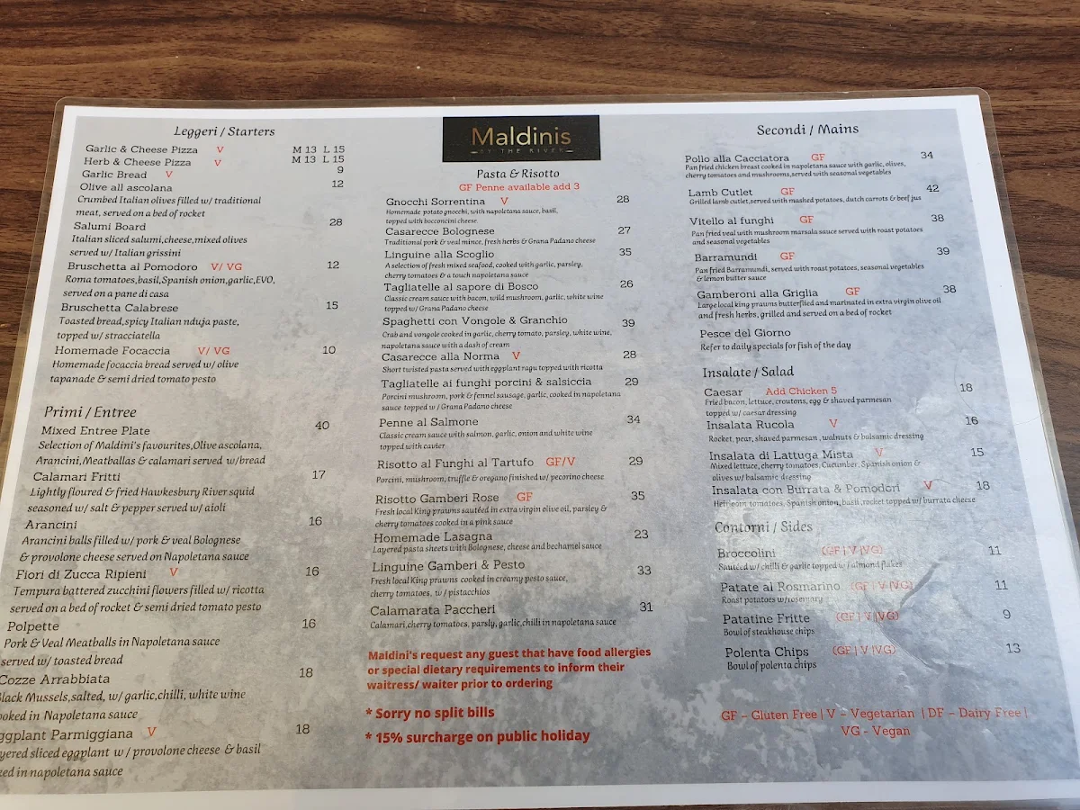 Menu, Maldini's By The River