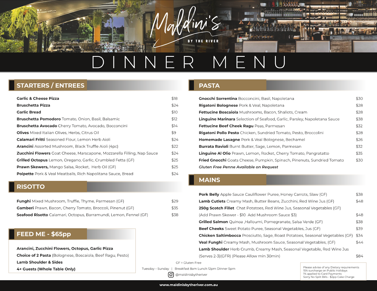 Menu, Maldini's By The River