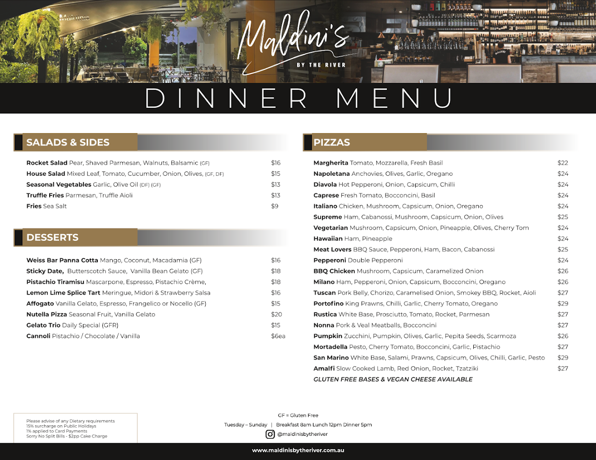 Menu, Maldini's By The River