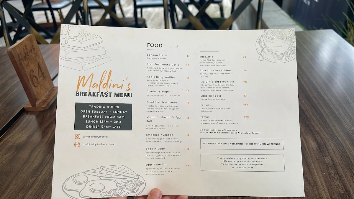 Menu, Maldini's By The River