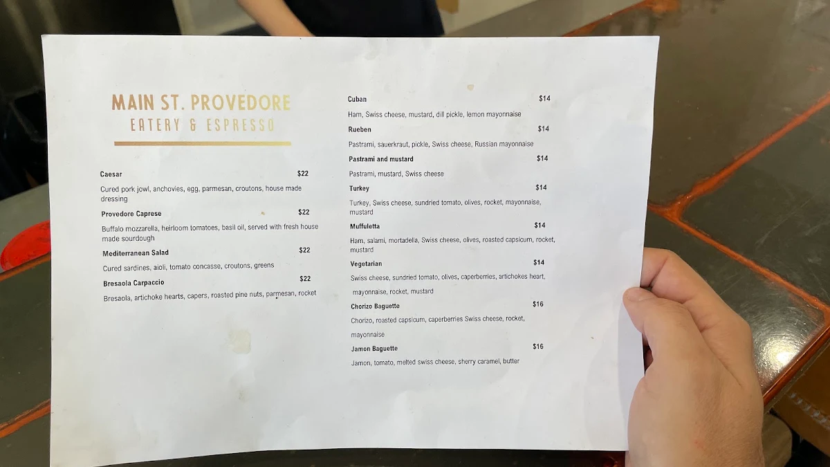 Menu, Main St. Provedore Eatery & Espresso