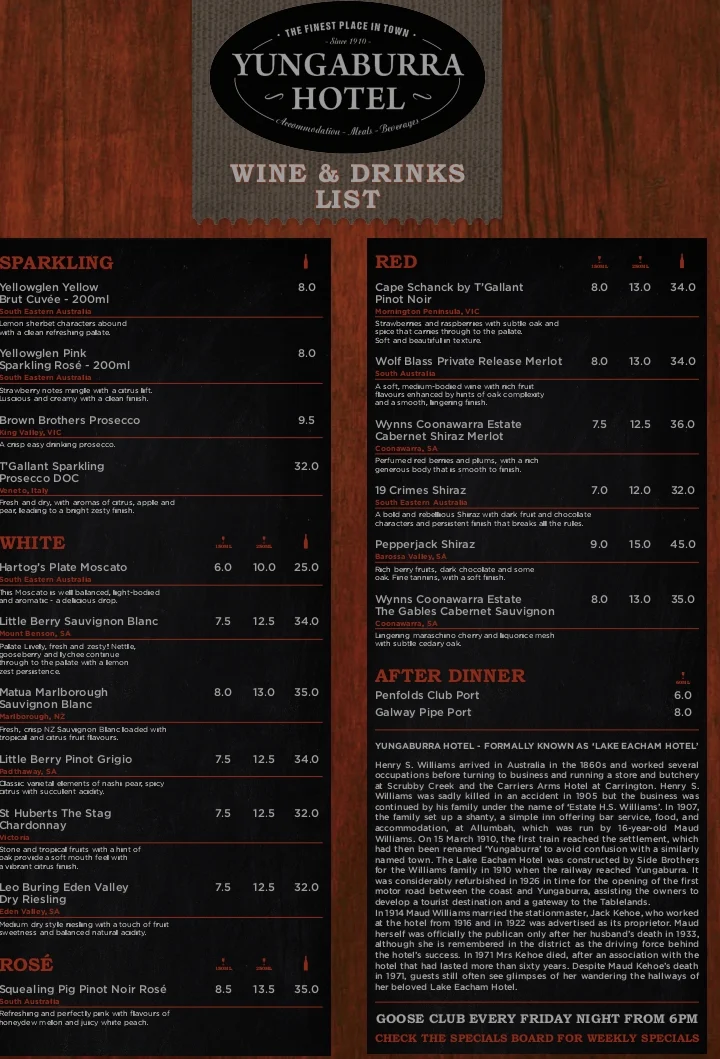 Menu, Yungaburra Pub