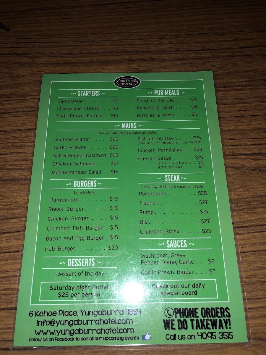 Menu, Yungaburra Pub