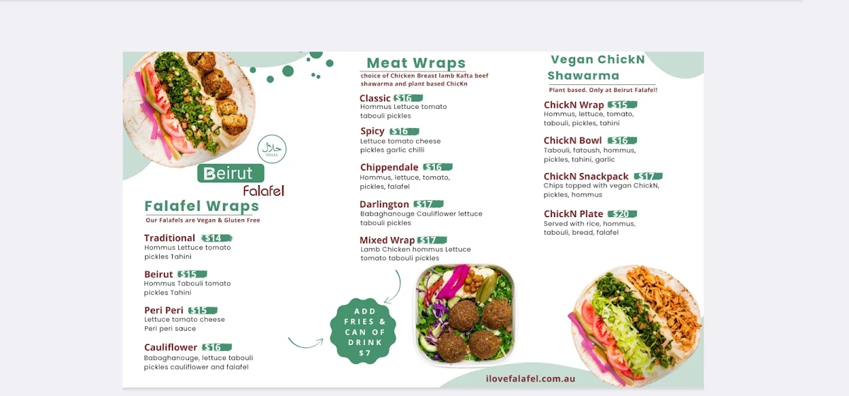Menu, Beirut Falafel