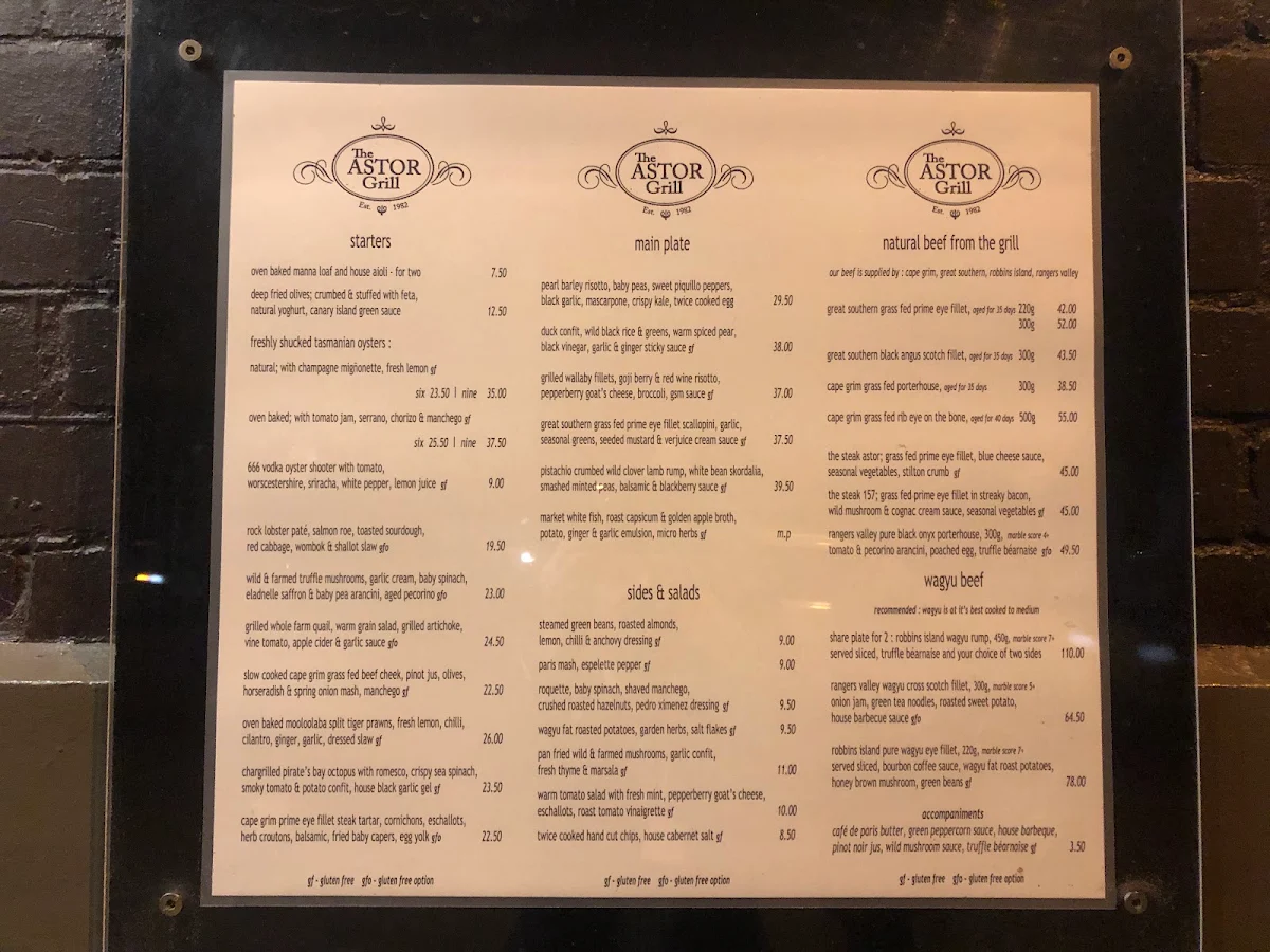 Menu, The Astor Grill